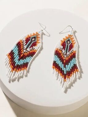 Myra Bag Feather Canyon Beaded Fringe Earrings in Turquoise, White & Rust